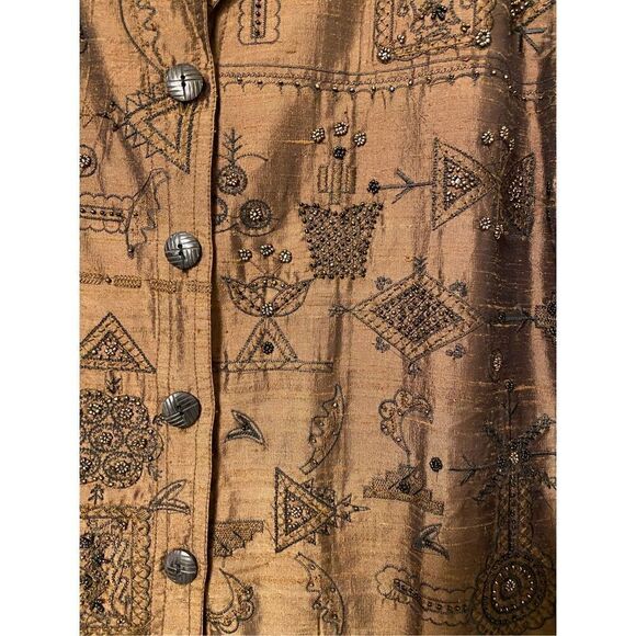 Chico’s 100% Silk Embroidered/Beaded Blouse Sz. S Asian Abstract Desg. Boxy - Picture 5 of 7